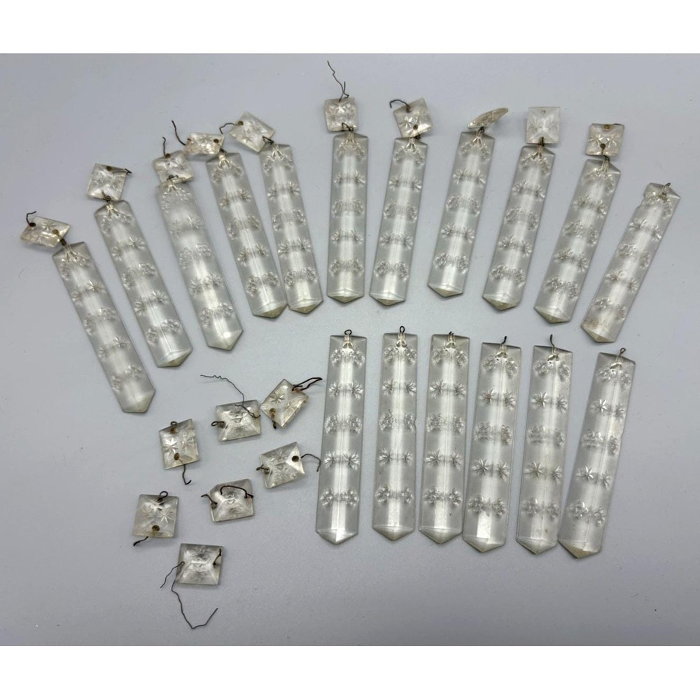 Vintage embossed etched glass chandelier lamp sconce baguette prisms lot of 17